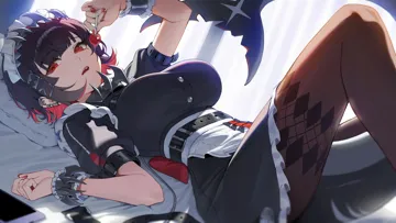 1girl apple apron black_dress black_hair black_legwear black_nails breasts cherry dress earrings food frills fruit hair_ornament holding holding_food holding_fruit lollipop looking_at_viewer lying maid maid_apron maid_headdress multicolored_hair nail_polish on_back pantyhose puffy_short_sleeves puffy_sleeves red_eyes red_hair red_nails short_hair short_sleeves solo spikes strawberry two_tone_hair white_apron wrist_cuffs zenless_zone_zero ellen_joe__zenless_zone_zero