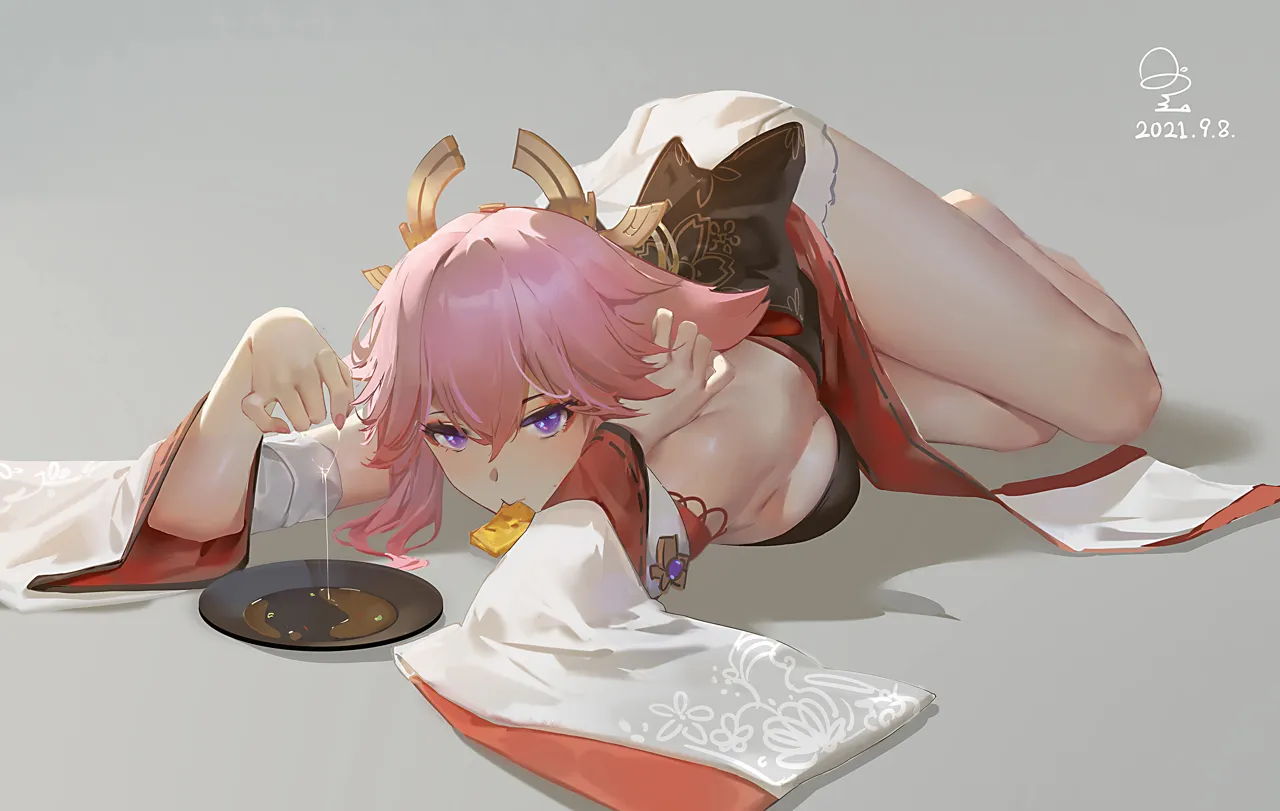 1girl animal_ears bare_shoulders breasts detached_sleeves eating food fox_ears fox_girl hair_between_eyes hair_ornament japanese_clothes large_breasts long_hair long_sleeves looking_at_viewer pink_hair plate purple_eyes shirt solo white_shirt wide_sleeves ribao genshin_impact yae_miko