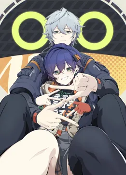 1boy 1girl bangboo__zenless_zone_zero belt black_nails black_shirt black_thighhighs blue_hair brother_and_sister closed_mouth denim denim_jacket earrings fingerless_gloves gloves green_eyes grey_hair grey_skirt hair_between_eyes hair_ornament jacket jewelry looking_at_viewer nail_polish orange_belt orange_gloves shirt short_hair siblings single_fingerless_glove single_thighhigh sitting skirt smile smirk teeth thighhighs taiju__gr09kuma zenless_zone_zero belle__zenless_zone_zero eous__zenless_zone_zero wise__zenless_zone_zero