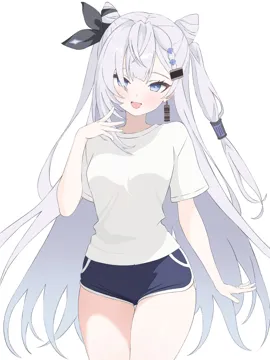 1girl alternate_costume blue_eyes blue_shorts cone_hair_bun cowboy_shot earrings grey_hair hair_bun jewelry long_hair looking_at_viewer shirt shorts simple_background single_earring smile solo virtual_youtuber white_background white_shirt ogossi hololive hololive_indonesia vestia_zeta__hololive