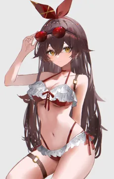1girl adjusting_eyewear alternate_costume amber__genshin_impact arm_behind_back arm_up bare_arms belt bikini bikini_skirt breasts brown_hair choker cleavage contrapposto cowboy_shot crossed_bangs eyewear_on_head frilled_bikini frills genshin_impact grey_background hair_between_eyes hair_ribbon hairband halterneck hand_on_eyewear long_hair medium_breasts navel raiya_atelier red_bikini red_choker red_hairband ribbon shoulder_belt side_tie_bikini_bottom simple_background skirt sleeveless smile solo standing stomach sunglasses swimsuit thigh_strap thighs tinted_eyewear white_skirt yellow_eyes
