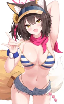 1girl animal_ear_fluff animal_ears arm_behind_head armpits bikini bikini_pull black_hair blue_archive blue_shorts blush breasts breasts_apart clothes_pull cowboy_shot curvy enru eyeshadow fang fingernails fox_ears fox_shadow_puppet fox_tail hair_between_eyes halo izuna__blue_archive izuna__swimsuit__blue_archive looking_at_viewer makeup medium_breasts nail_polish navel official_alternate_costume open_fly open_mouth orange_nails pink_halo presenting_armpit pulling_own_clothes short_hair short_shorts shorts simple_background skin_fang smile solo stomach striped_bikini striped_clothes swimsuit tail tsurime white_background yellow_eyes yellow_nails