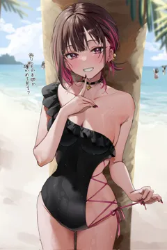 1girl against_tree asymmetrical_one_piece_swimsuit beach black_choker black_hair black_nails black_one_piece_swimsuit blurry breasts casual_one_piece_swimsuit chigusa_minori choker cleavage cloud come_hither covered_navel cowboy_shot cross_laced_clothes cross_laced_one_piece_swimsuit day depth_of_field finger_to_mouth fingernails frilled_one_piece_swimsuit frills grin hair_behind_ear hair_ornament large_breasts light_blush long_fingernails looking_at_viewer monokini multicolored_hair nail_polish ocean one_piece_swimsuit outdoors palm_tree parted_lips pendant_choker people purple_eyes purple_hair shino_to_ren shirayuki_ren short_hair side_tie_one_piece_swimsuit side_tie_swimsuit single_bare_shoulder single_shoulder_one_piece_swimsuit single_strap skindentation smile solo_focus streaked_hair swimsuit teasing teeth tree under_tree untying water wet wet_clothes wet_swimsuit
