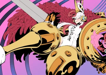 1girl crown hair_over_one_eye hair_rings headphones multicolored_hair purple_eyes red_hair shield split_color_hair sword two_tone_hair weapon white_hair taiju__gr09kuma one_piece one_piece_film__red uta__one_piece