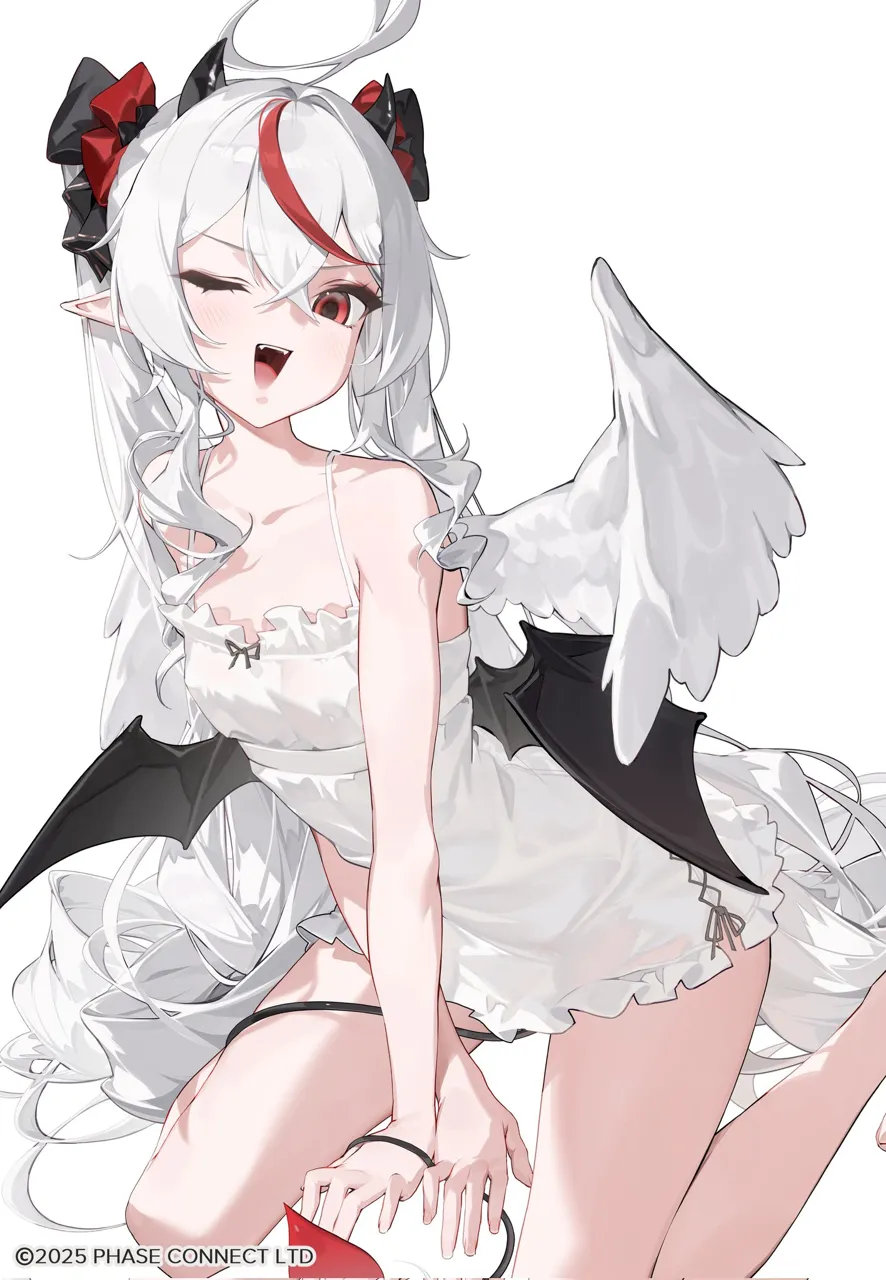 1girl absurdly_long_hair ahoge angel_wings bare_arms bare_legs bare_shoulders bat_wings between_legs black_bow black_tail bow chemise copyright_name copyright_notice crossed_bangs demon_horns demon_tail demon_wings double_parted_bangs drill_hair drill_sidelocks fangs feathered_wings flat_chest frilled_chemise frills hair_between_eyes hair_bow hand_between_legs horns leaning_forward long_hair looking_at_viewer multicolored_hair multiple_wings one_eye_closed open_mouth pointy_ears red_bow red_eyes red_hair red_tail sidelocks simple_background sitting smile solo spaghetti_strap streaked_hair tail tail_around_own_leg tail_between_legs teeth thighs twintails two_tone_hair upper_teeth_only v_shaped_eyebrows very_long_hair virtual_youtuber wariza watermark white_background white_chemise white_hair wings monoco55 phase_connect remilia_nephys__phase_connect