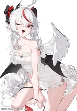 1girl absurdly_long_hair ahoge angel_wings bare_arms bare_legs bare_shoulders bat_wings between_legs black_bow black_tail bow chemise copyright_name copyright_notice crossed_bangs demon_horns demon_tail demon_wings double_parted_bangs drill_hair drill_sidelocks fangs feathered_wings flat_chest frilled_chemise frills hair_between_eyes hair_bow hand_between_legs horns leaning_forward long_hair looking_at_viewer multicolored_hair multiple_wings one_eye_closed open_mouth pointy_ears red_bow red_eyes red_hair red_tail sidelocks simple_background sitting smile solo spaghetti_strap streaked_hair tail tail_around_own_leg tail_between_legs teeth thighs twintails two_tone_hair upper_teeth_only v_shaped_eyebrows very_long_hair virtual_youtuber wariza watermark white_background white_chemise white_hair wings monoco55 phase_connect remilia_nephys__phase_connect