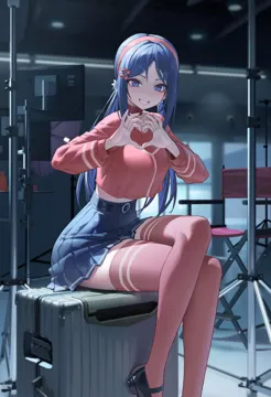 1girl belt black_belt black_shoes blue_eyes blue_hair blue_skirt breasts choker crop_top crossed_legs director_s_chair foot_out_of_frame grin hair_ornament hairclip headband heart heart_hands high_waist_skirt high_heels indoors large_breasts legs long_hair looking_at_viewer low_twintails miniskirt parted_bangs pleated_skirt polished_shoes red_choker red_headband red_shirt red_thighhighs shirt shoes sitting skirt smile solo suitcase thighhighs twintails xzu miside crazy_mita__miside mita__miside