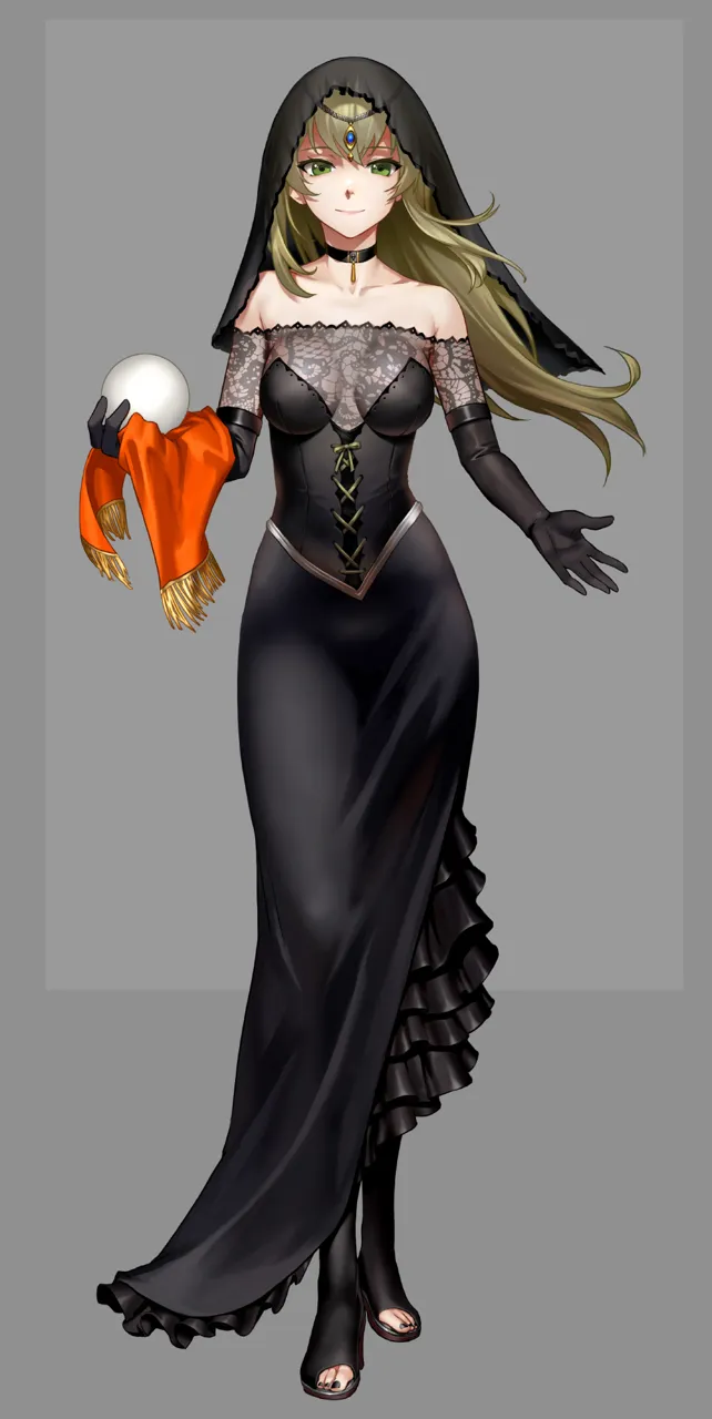 1girl bare_shoulders black_boots black_dress black_gloves black_nails blonde_hair boots breasts choker cross_laced_clothes crystal_ball dress elbow_gloves frills full_body gloves green_eyes high_heel_boots high_heels large_breasts long_hair long_legs looking_at_viewer nail_polish open_toe_boots simple_background smile solo toenail_polish toenails veil as109 m_a_d_mafia_is_all_dead