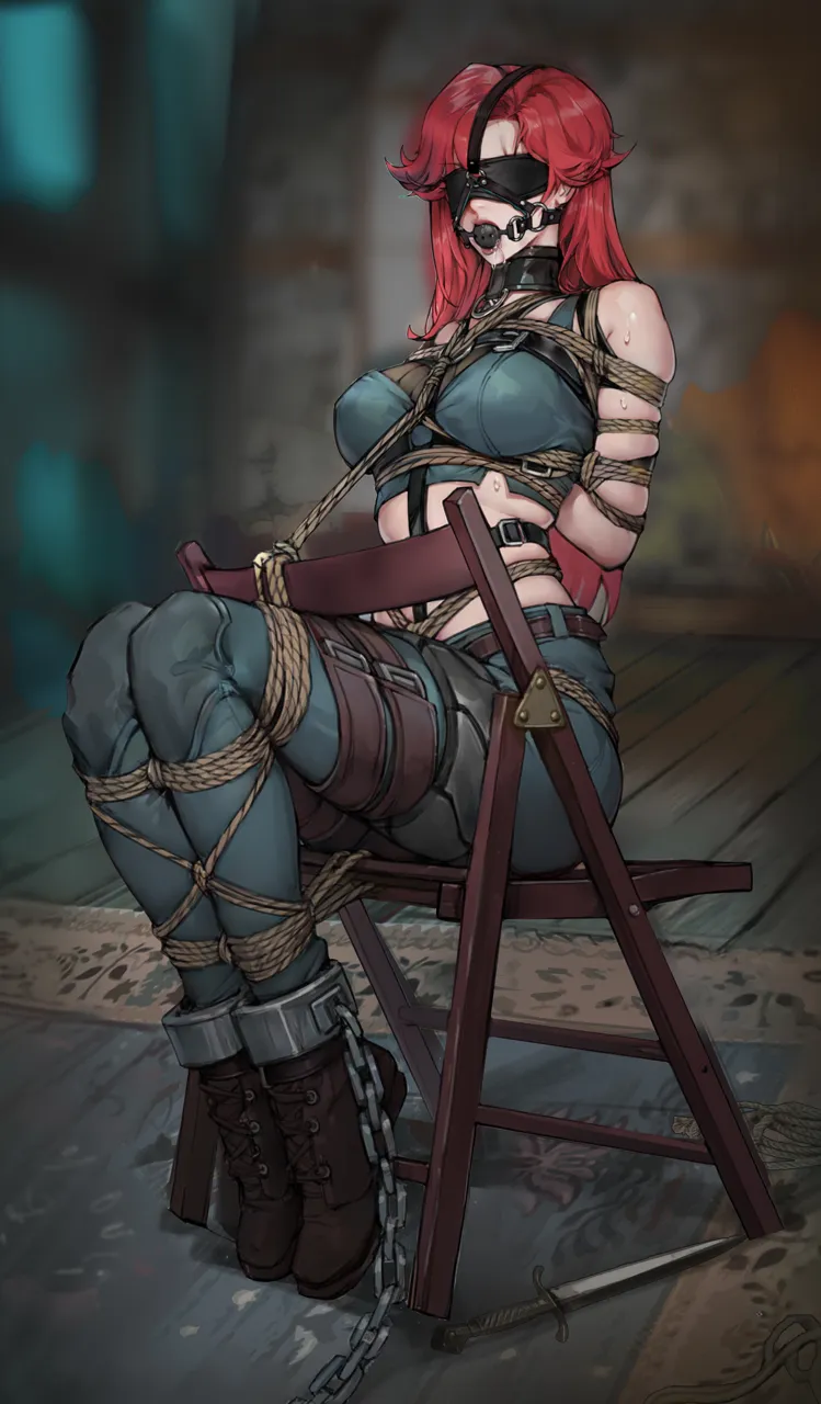 1girl arms_behind_back ball_gag bdsm blindfold blush bondage bound bound_arms bound_legs breasts chair covered_eyes crop_top gag gag_harness gagged large_breasts long_hair on_chair red_hair restrained rope saliva shibari shibari_over_clothes sitting wiffle_gag gdhs league_of_legends katarina__league_of_legends