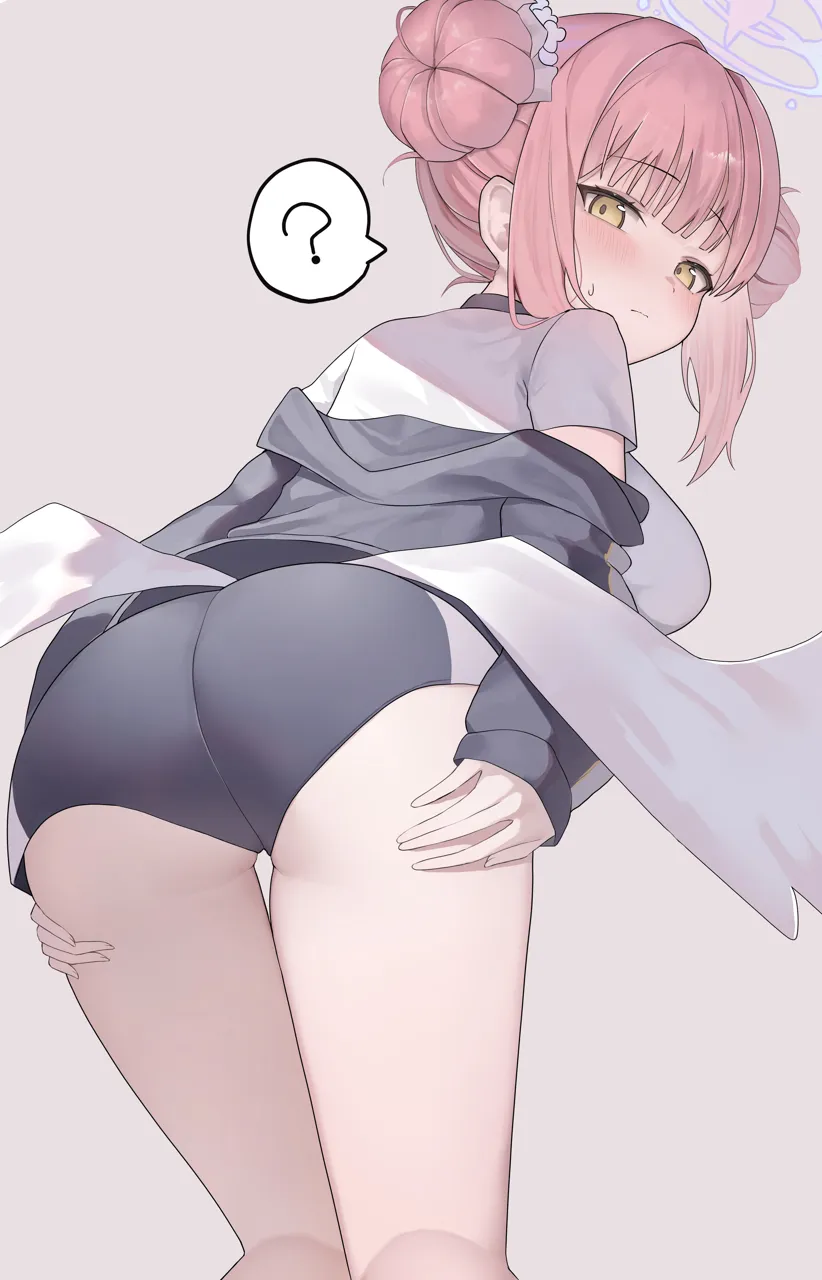 1girl alternate_costume alternate_hairstyle ass black_jacket black_shorts blush closed_mouth double_bun feathered_wings from_behind from_below hair_bun halo jacket looking_at_viewer low_wings pink_hair pink_halo shirt short_shorts shorts solo spoken_question_mark thighs white_shirt white_wings wings yellow_eyes koba__kobako42 blue_archive mika__blue_archive