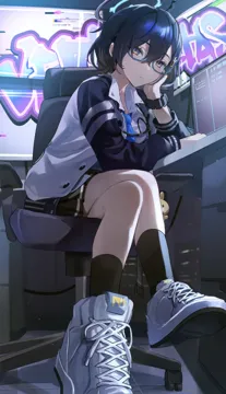 1girl black_hair blue_eyes blue_necktie cheek_rest computer crossed_legs desk glasses jacket necktie shoes sneakers swivel_chair watch white_sneakers wristwatch flatshi blue_archive chihiro__blue_archive