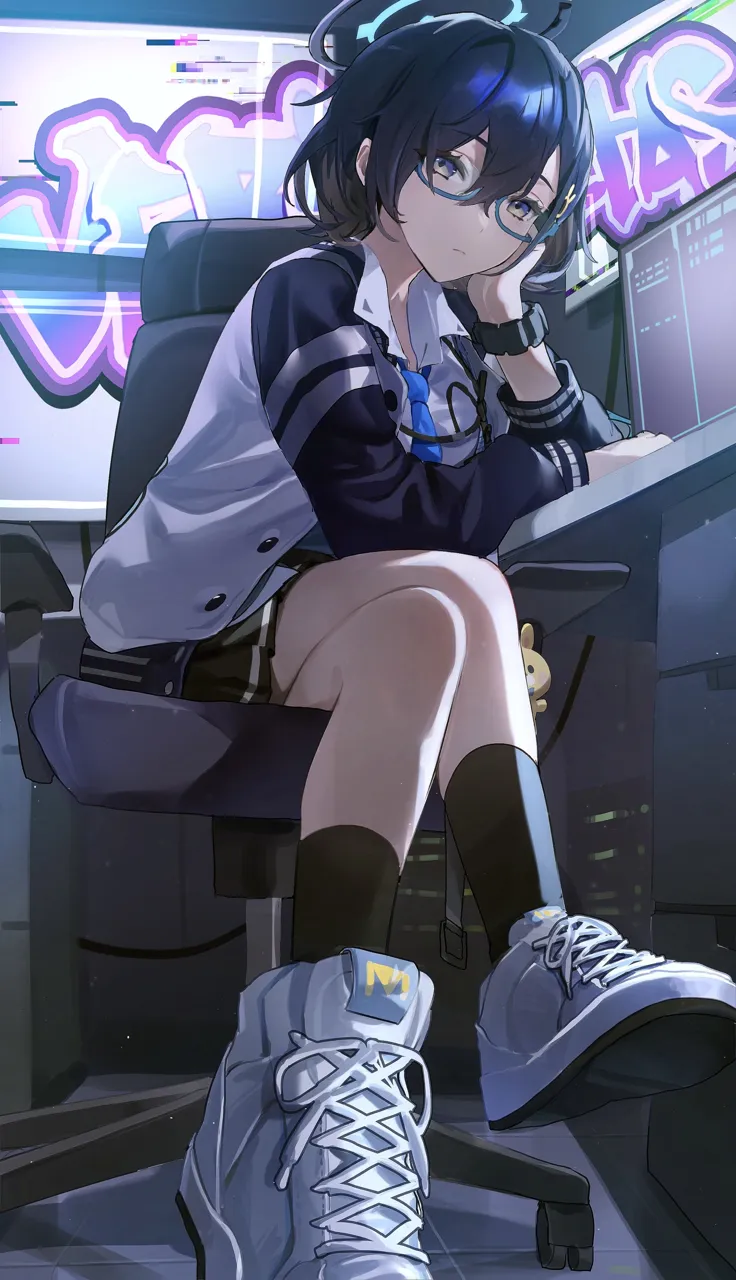 1girl black_hair blue_eyes blue_necktie cheek_rest computer crossed_legs desk glasses jacket necktie shoes sneakers swivel_chair watch white_sneakers wristwatch flatshi blue_archive chihiro__blue_archive