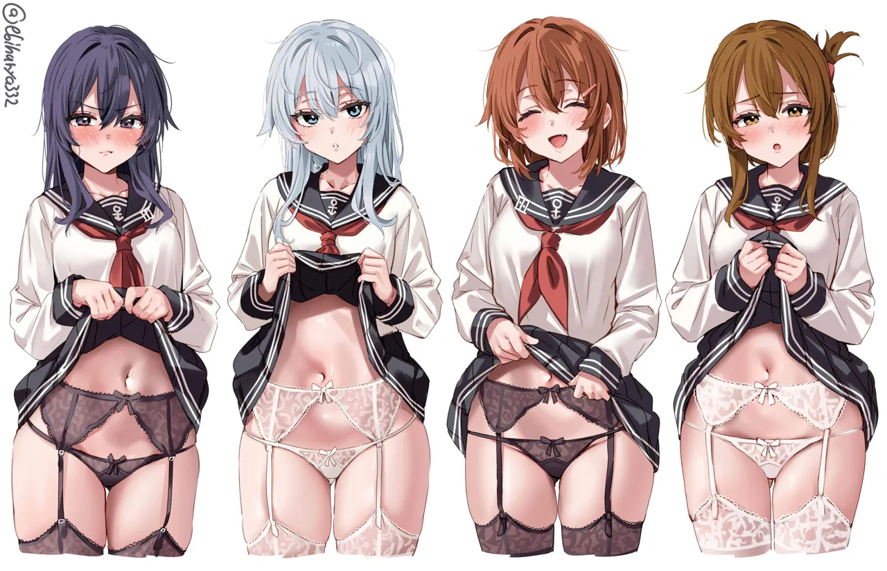 4girls akatsuki__kancolle anchor_symbol black_garter_belt blue_eyes blue_hair blush brown_eyes brown_hair closed_eyes clothes_lift cowboy_shot ebifurya fang folded_ponytail garter_belt hair_ornament hairclip hibiki__kancolle ikazuchi__kancolle inazuma__kancolle kantai_collection lace lace_garter_belt light_blue_hair long_hair long_sleeves looking_at_viewer medium_hair multiple_girls neckerchief open_mouth panties panties_over_garter_belt pleated_skirt purple_eyes purple_hair red_neckerchief school_uniform serafuku short_hair simple_background skirt skirt_lift smile thighhighs twitter_username underwear white_background white_garter_belt