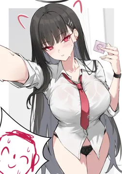 1girl alternate_costume black_hair black_panties blue_archive blush breasts bright_pupils collarbone collared_shirt condom condom_wrapper doodle_sensei__blue_archive drawn_ears halo holding holding_condom large_breasts long_hair looking_at_viewer necktie outstretched_arm panties parted_lips red_eyes red_necktie rio__blue_archive school_uniform see_through_clothes sensei__blue_archive shigure_s shirt standing sweat underwear very_long_hair white_pupils white_shirt