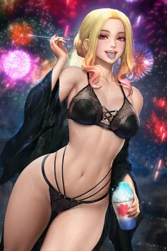 1girl black_bra black_kimono black_panties blonde_hair bra breasts collarbone dutch_angle firework_background fireworks forehead gradient_hair hair_bun highleg highleg_panties holding japanese_clothes kimono kitagawa_marin lingerie long_hair looking_at_viewer medium_breasts multicolored_hair navel neoartcore off_shoulder panties parted_bangs red_eyes red_hair sidelocks single_hair_bun solo sono_bisque_doll_wa_koi_wo_suru tongue tongue_out underwear