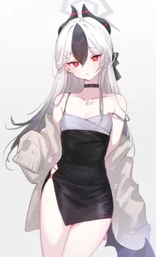 1girl artist_name bare_shoulders black_dress black_hair breasts brown_jacket cleavage collarbone covered_navel demon_girl demon_horns dress grey_halo halo hand_up horns jacket long_sleeves looking_at_viewer multicolored_hair official_alternate_costume official_alternate_hairstyle open_clothes open_jacket red_eyes short_dress sleeves_past_fingers sleeves_past_wrists small_breasts solo streaked_hair white_hair adelie_cat blue_archive kayoko__blue_archive kayoko__dress__blue_archive