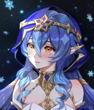 1girl artist_name bags_under_eyes bare_shoulders blue_background blue_hair blue_hood blush closed_mouth detached_sleeves drill_hair drill_sidelocks hair_between_eyes hair_ornament jewelry long_hair looking_to_the_side neck_ring orange_eyes pointy_ears ringlets sidelocks snowflakes solo upper_body very_long_hair watermark web_address mihan__mihan_art genshin_impact layla__genshin_impact