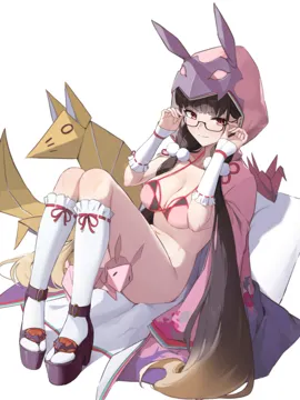 1girl bikini bikini_top_only bottomless breasts brown_hair cloak convenient_censoring glasses hood hooded_cloak large_breasts long_hair low_twintails navel origami pink_bikini pink_eyes platform_footwear sitting smile swimsuit twintails hasu_no_shiro fate_grand_order fate__series osakabehime__fate