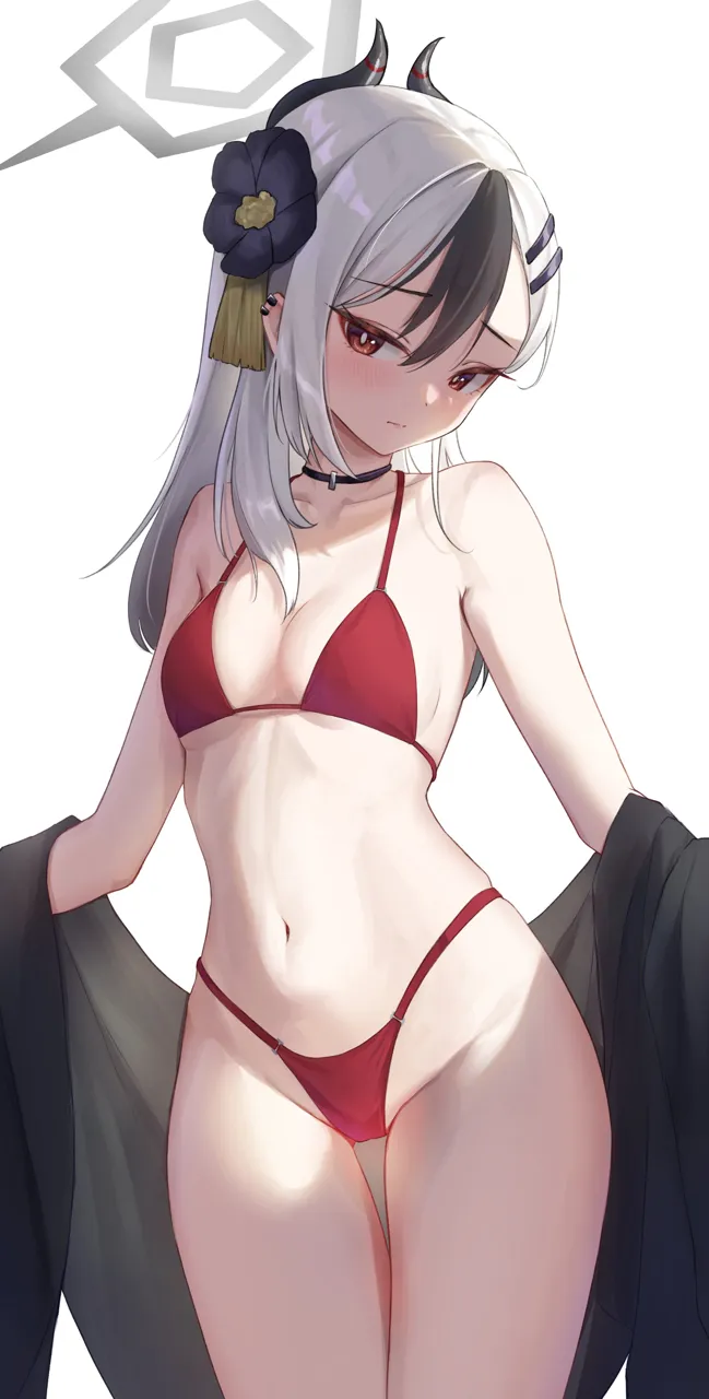 1girl alternate_costume bikini black_hair breasts choker closed_mouth demon_horns flower hair_flower hair_ornament halo horns jacket long_hair looking_at_viewer multicolored_hair navel off_shoulder open_clothes open_jacket piercing ponytail red_bikini red_eyes simple_background small_breasts solo stomach swimsuit two_tone_hair white_background white_hair nasol blue_archive kayoko__blue_archive