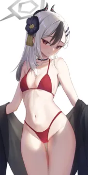 1girl alternate_costume bikini black_hair breasts choker closed_mouth demon_horns flower hair_flower hair_ornament halo horns jacket long_hair looking_at_viewer multicolored_hair navel off_shoulder open_clothes open_jacket piercing ponytail red_bikini red_eyes simple_background small_breasts solo stomach swimsuit two_tone_hair white_background white_hair nasol blue_archive kayoko__blue_archive