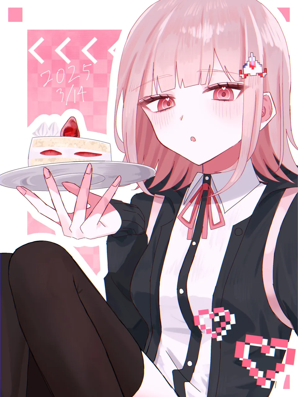 1girl blush breasts brown_hair collared_shirt flipped_hair hair_ornament jacket long_sleeves looking_at_viewer medium_hair neck_ribbon open_clothes open_jacket pink_eyes pink_ribbon plate ribbon shirt solo spaceship_hair_ornament white_shirt su_no__su_no090 danganronpa__series danganronpa_2__goodbye_despair galaga nanami_chiaki