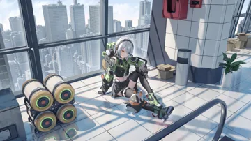 1girl belted_skirt black_gloves black_skirt city cityscape fingerless_gloves gloves green_jacket green_sleeves grey_hair headphones holding jacket multicolored_sleeves orange_eyes short_hair skirt solo thighhighs angel_no_shousou zenless_zone_zero anby_demara__zenless_zone_zero eous__zenless_zone_zero bangboo__zenless_zone_zero