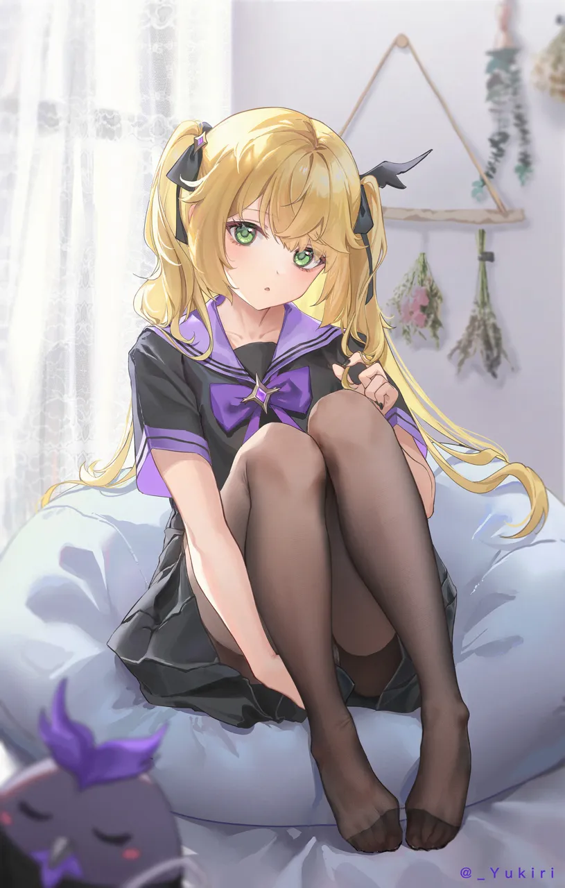 1girl alternate_costume black_nails black_pantyhose black_skirt blonde_hair blurry blurry_foreground curtains feet green_eyes hair_ribbon indoors knees_up legs long_hair looking_at_viewer nail_polish no_eyepatch no_shoes on_bed pantyhose parted_lips playing_with_own_hair purple_sailor_collar ribbon sailor_collar school_uniform see_through_clothes see_through_legwear serafuku short_sleeves sitting skirt solo toes twitter_username two_side_up yukiri__l_ii genshin_impact fischl__genshin_impact oz__genshin_impact