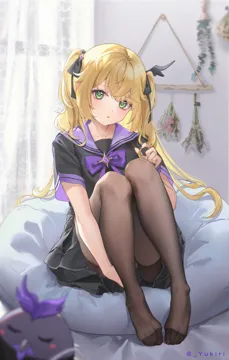 1girl alternate_costume black_nails black_pantyhose black_skirt blonde_hair blurry blurry_foreground curtains feet green_eyes hair_ribbon indoors knees_up legs long_hair looking_at_viewer nail_polish no_eyepatch no_shoes on_bed pantyhose parted_lips playing_with_own_hair purple_sailor_collar ribbon sailor_collar school_uniform see_through_clothes see_through_legwear serafuku short_sleeves sitting skirt solo toes twitter_username two_side_up yukiri__l_ii genshin_impact fischl__genshin_impact oz__genshin_impact