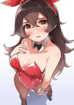 1girl amber__genshin_impact animal_ears bare_shoulders black_bow black_bowtie black_footwear bow bowtie breasts brown_hair brown_pantyhose cleavage detached_collar fake_animal_ears from_above genshin_impact goten__510gensoku large_breasts leotard long_hair looking_at_viewer pantyhose playboy_bunny rabbit_ears red_eyes red_leotard simple_background solo strapless strapless_leotard white_background wrist_cuffs