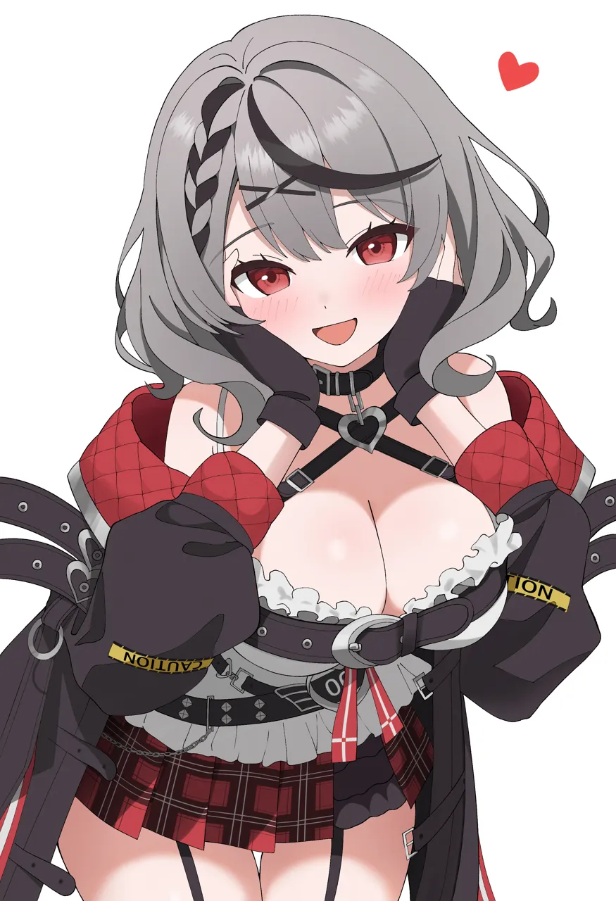 1girl animal_collar bare_shoulders belt black_belt black_collar black_garter_straps black_gloves black_hair black_jacket blush braid braided_bangs breasts camisole caution_tape center_flap_bangs chest_belt cleavage collar cowboy_shot double_parted_bangs fingerless_gloves frilled_camisole frills garter_straps gloves grey_hair hair_ornament hairclip hands_on_own_cheeks hands_on_own_face heart heart_collar jacket large_breasts leaning_forward long_sleeves looking_at_viewer medium_hair miniskirt multicolored_hair multiple_belts off_shoulder open_clothes open_jacket open_mouth parted_hair plaid_clothes plaid_skirt pleated_skirt red_eyes red_skirt simple_background skirt smile solo spaghetti_strap streaked_hair studded_belt two_sided_fabric two_sided_jacket virtual_youtuber wavy_hair white_background white_camisole x_hair_ornament ogossi hololive sakamata_chloe__hololive sakamata_chloe__1st_costume__hololive