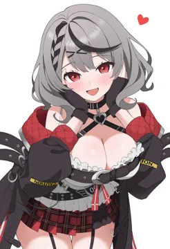 1girl animal_collar bare_shoulders belt black_belt black_collar black_garter_straps black_gloves black_hair black_jacket blush braid braided_bangs breasts camisole caution_tape center_flap_bangs chest_belt cleavage collar cowboy_shot double_parted_bangs fingerless_gloves frilled_camisole frills garter_straps gloves grey_hair hair_ornament hairclip hands_on_own_cheeks hands_on_own_face heart heart_collar jacket large_breasts leaning_forward long_sleeves looking_at_viewer medium_hair miniskirt multicolored_hair multiple_belts off_shoulder open_clothes open_jacket open_mouth parted_hair plaid_clothes plaid_skirt pleated_skirt red_eyes red_skirt simple_background skirt smile solo spaghetti_strap streaked_hair studded_belt two_sided_fabric two_sided_jacket virtual_youtuber wavy_hair white_background white_camisole x_hair_ornament ogossi hololive sakamata_chloe__hololive sakamata_chloe__1st_costume__hololive