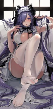 _o 1girl arm_garter arm_up august_von_parseval__azur_lane august_von_parseval__the_conquered_unhulde__azur_lane azur_lane black_ribbon breasts cleavage cleavage_cutout clothing_cutout curled_horns dress feet foot_up foreshortening frilled_dress frilled_garter frilled_hairband frills full_body garter_straps hair_flowing_over hair_lift hair_over_one_eye hair_spread_out hairband hand_in_own_hair hand_up holding holding_own_hair horns indoors lace_trim lace_trimmed_thighhighs large_breasts legs long_hair looking_at_viewer maid maid_headdress mechanical_horns momokan__kandume200 neck_ribbon no_shoes official_alternate_costume one_eye_covered parted_lips presenting_foot purple_eyes purple_hair ribbon see_through_clothes see_through_legwear sitting sleeveless sleeveless_dress soles solo thighhighs thighs toenails toes two_tone_dress very_long_hair white_dress white_garter_straps white_hairband white_thighhighs