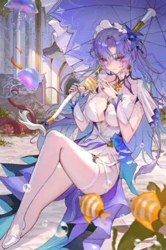 1girl blue_eyes blue_flower breasts closed_mouth dress earrings fingernails fish flower foot_out_of_frame hair_between_eyes hair_flower hair_ornament hand_up headdress holding holding_umbrella jellyfish jewelry large_breasts long_hair looking_at_animal nail_polish parasol purple_hair purple_nails purple_umbrella shoes shrug__clothing side_slit single_thighhigh sitting smile solo thighhighs thighs umbrella very_long_hair white_dress white_shoes white_shrug white_thighhighs sib__9obsl wuthering_waves cantarella__wuthering_waves