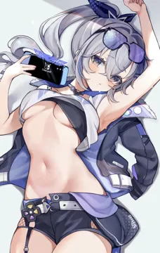 1girl armpits blush bow breasts crossed_bangs eyewear_on_head fur_trim fur_trimmed_jacket grey_eyes grey_hair hair_bow handheld_game_console high_ponytail holding holding_handheld_game_console honkai__series honkai__star_rail jacket long_hair looking_at_viewer medium_breasts midriff navel nintendo_switch oimo_0imo ponytail silver_wolf__honkai__star_rail simple_background skindentation solo stomach underboob upper_body white_background