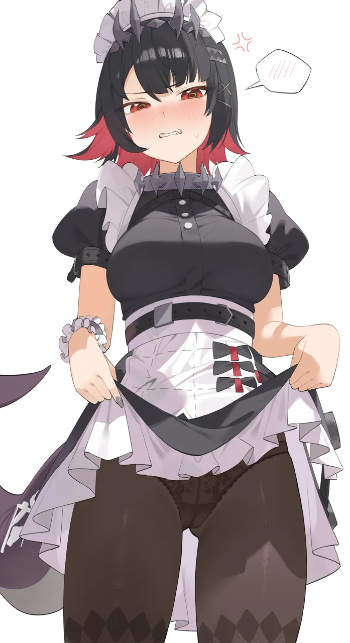 1girl anger_vein argyle_clothes argyle_pantyhose ass_visible_through_thighs black_dress black_hair black_panties blush breasts cameltoe clothes_lift cowboy_shot dress embarrassed fins fish_tail hair_ornament large_breasts looking_at_viewer maid_headdress multicolored_hair panties panties_under_pantyhose pantyhose puffy_short_sleeves puffy_sleeves red_eyes red_hair scowl shark_girl shark_tail sharp_teeth short_hair short_sleeves simple_background skirt skirt_hold skirt_lift solo spoken_blush streaked_hair tail teeth underwear white_background white_headdress x_hair_ornament byeon_dha zenless_zone_zero ellen_joe__zenless_zone_zero