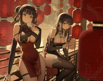 2girls black_bridal_gauntlets black_hair black_thighhighs breasts bridal_gauntlets china_dress chinese_clothes chinese_knot cleavage cleavage_cutout clothing_cutout detached_sleeves double_bun dress food grin hair_bun hair_ornament hairclip holding holding_food lantern large_breasts long_hair looking_at_viewer multiple_girls parted_lips pelvic_curtain purple_eyes side_slit smile tanghulu tassel thigh_strap thighhighs xzu