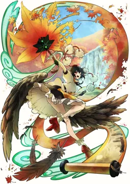 1girl ass autumn_leaves black_hair black_ribbon black_skirt black_wings day dress feathered_wings feathers frilled_dress frilled_skirt frills full_body geta hat hauchiwa holding holding_notepad leaf looking_at_viewer looking_back notepad one_eye_closed open_mouth outdoors pom_pom__clothes red_eyes red_hat ribbon scroll shirt short_hair skirt smile solo tengu_geta tokin_hat water waterfall white_background white_shirt wings taiju__gr09kuma touhou shameimaru_aya__touhou