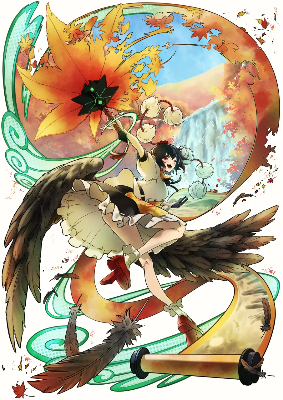 1girl ass autumn_leaves black_hair black_ribbon black_skirt black_wings day dress feathered_wings feathers frilled_dress frilled_skirt frills full_body geta hat hauchiwa holding holding_notepad leaf looking_at_viewer looking_back notepad one_eye_closed open_mouth outdoors pom_pom__clothes red_eyes red_hat ribbon scroll shirt short_hair skirt smile solo tengu_geta tokin_hat water waterfall white_background white_shirt wings taiju__gr09kuma touhou shameimaru_aya__touhou