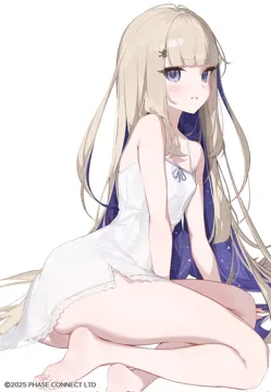 1girl bare_legs barefoot black_panties blonde_hair blush breasts colored_inner_hair constellation dress feet foot_out_of_frame frilled_nightgown hair_ornament lace_trimmed_dress lace_trim legs long_hair looking_at_viewer multicolored_hair nightgown panties purple_eyes purple_hair scissors_hair_ornament sitting sleepwear small_breasts smile soles solo star__symbol starry_hair toes underwear very_long_hair virtual_youtuber white_nightgown monoco55 phase_connect amanogawa_shiina__phase_connect