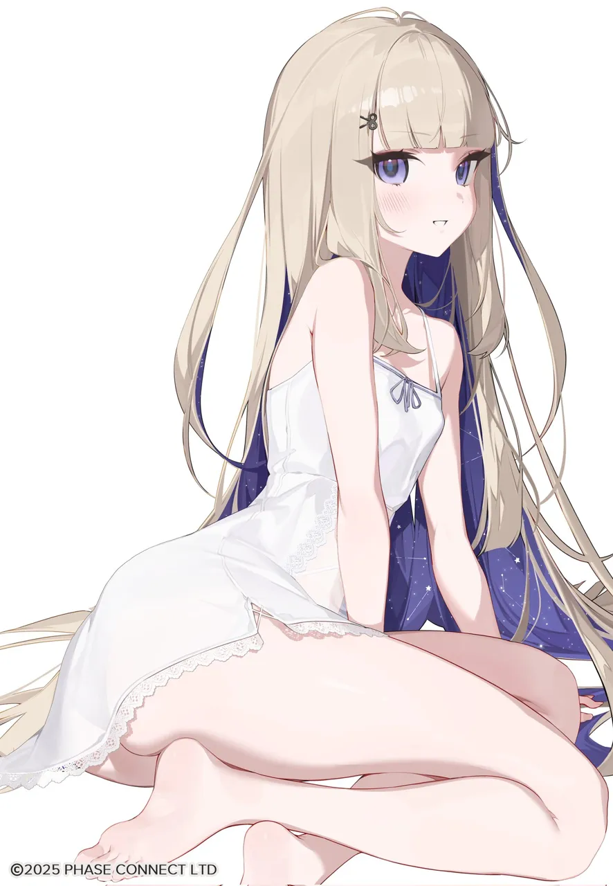 1girl bare_legs barefoot black_panties blonde_hair blush breasts colored_inner_hair constellation dress feet foot_out_of_frame frilled_nightgown hair_ornament lace_trimmed_dress lace_trim legs long_hair looking_at_viewer multicolored_hair nightgown panties purple_eyes purple_hair scissors_hair_ornament sitting sleepwear small_breasts smile soles solo star__symbol starry_hair toes underwear very_long_hair virtual_youtuber white_nightgown monoco55 phase_connect amanogawa_shiina__phase_connect