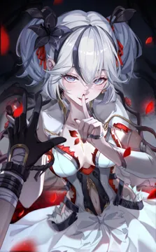 1boy 1girl bandaged_arm bandages black_eyes black_flower black_ribbon blake_bloom__wuthering_waves blush breasts clothing_cutout collar collarbone dress earrings finger_to_mouth flower flower_on_chest gold_earrings hair_between_eyes hair_ribbon hair_vines jewelry looking_at_viewer medium_breasts navel red_petals red_pupils red_ribbon ribbon short_hair short_twintails shushing sideless_dress smile solo_focus stomach_cutout tacet_mark__wuthering_waves twintails white_collar white_dress white_hair mihan__mihan_art wuthering_waves camellya__wuthering_waves male_rover__wuthering_waves rover__wuthering_waves