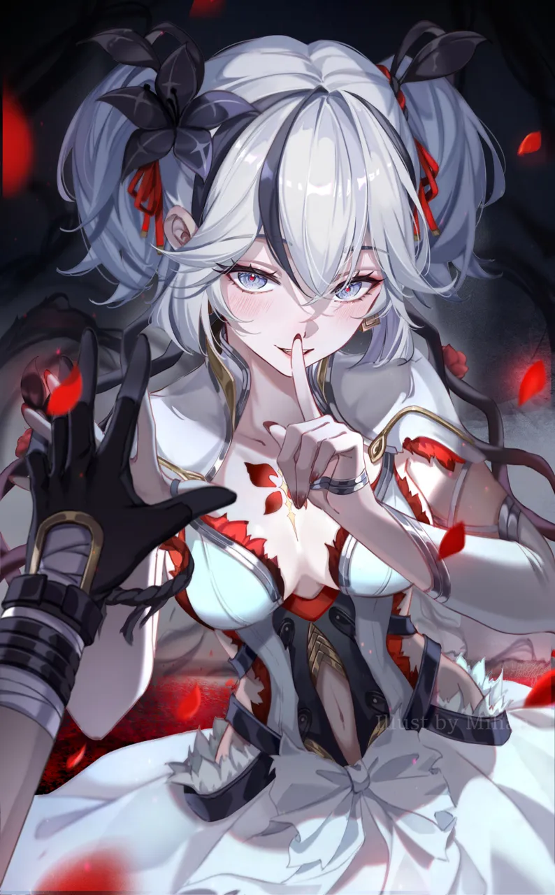 1boy 1girl bandaged_arm bandages black_eyes black_flower black_ribbon blake_bloom__wuthering_waves blush breasts clothing_cutout collar collarbone dress earrings finger_to_mouth flower flower_on_chest gold_earrings hair_between_eyes hair_ribbon hair_vines jewelry looking_at_viewer medium_breasts navel red_petals red_pupils red_ribbon ribbon short_hair short_twintails shushing sideless_dress smile solo_focus stomach_cutout tacet_mark__wuthering_waves twintails white_collar white_dress white_hair mihan__mihan_art wuthering_waves camellya__wuthering_waves male_rover__wuthering_waves rover__wuthering_waves