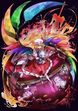 1girl barefoot black_background blonde_hair blood blood_on_feet blood_on_ground broken broken_toy checkered_floor colored_tips crystal_wings fisheye frilled_skirt frills hair_between_eyes hat holding holding_stuffed_toy laevatein__touhou light_smile mob_cap multicolored_hair multicolored_wings on_bed red_eyes red_sheet red_skirt red_vest side_ponytail sitting skirt solo stuffed_animal stuffed_toy stuffing sword teddy_bear vest weapon white_hat wings taiju__gr09kuma touhou flandre_scarlet__touhou hong_meiling__touhou izayoi_sakuya__touhou patchouli_knowledge__touhou remilia_scarlet__touhou