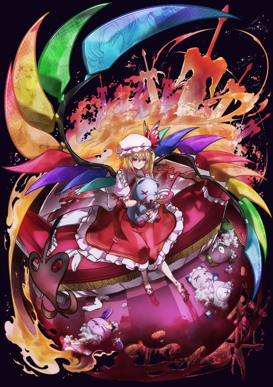 1girl barefoot black_background blonde_hair blood blood_on_feet blood_on_ground broken broken_toy checkered_floor colored_tips crystal_wings fisheye frilled_skirt frills hair_between_eyes hat holding holding_stuffed_toy laevatein__touhou light_smile mob_cap multicolored_hair multicolored_wings on_bed red_eyes red_sheet red_skirt red_vest side_ponytail sitting skirt solo stuffed_animal stuffed_toy stuffing sword teddy_bear vest weapon white_hat wings taiju__gr09kuma touhou flandre_scarlet__touhou hong_meiling__touhou izayoi_sakuya__touhou patchouli_knowledge__touhou remilia_scarlet__touhou