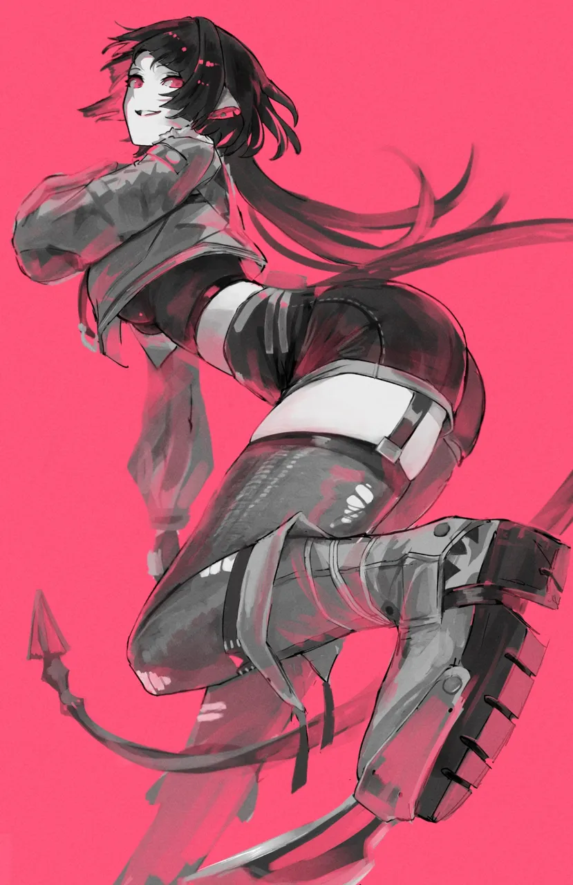 1girl animal_ears blunt_ends boots breasts from_side garter_belt gloves greyscale_with_colored_background greyscale_with_colored_eyes hand_up high_waist_shorts jacket large_breasts leg_up long_sleeves looking_at_viewer midriff mouse_ears mouse_girl mouse_tail pink_background pink_eyes puffy_long_sleeves puffy_sleeves short_hair shorts simple_background smile solo standing standing_on_one_leg tail tank_top teeth thighhighs torn_clothes torn_thighhighs sanshoku_dango__shukosuko zenless_zone_zero jane_doe__zenless_zone_zero