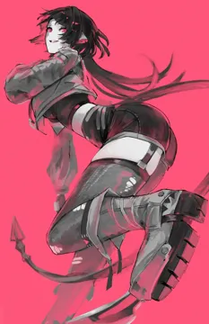1girl animal_ears blunt_ends boots breasts from_side garter_belt gloves greyscale_with_colored_background greyscale_with_colored_eyes hand_up high_waist_shorts jacket large_breasts leg_up long_sleeves looking_at_viewer midriff mouse_ears mouse_girl mouse_tail pink_background pink_eyes puffy_long_sleeves puffy_sleeves short_hair shorts simple_background smile solo standing standing_on_one_leg tail tank_top teeth thighhighs torn_clothes torn_thighhighs sanshoku_dango__shukosuko zenless_zone_zero jane_doe__zenless_zone_zero