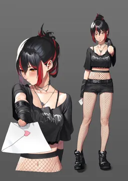 _o 1girl ankle_boots arm_at_side arm_behind_back arm_belt band_shirt beeeeen belt belt_buckle black_belt black_bra black_footwear black_hair black_pantyhose black_shirt black_shorts blush boots bra bra_peek bra_strap breasts buckle chain closed_mouth collarbone confession crop_top cropped_shirt cropped_torso cross_laced_footwear detached_sleeves earclip earrings fishnet_pantyhose fishnets foreshortening full_body giving goth_fashion grey_background hair_between_eyes hair_bun hand_on_own_neck hand_up heart heart_necklace high_waist_pantyhose holding holding_letter incoming_letter jewelry lace_up_boots letter looking_at_viewer looking_away looking_to_the_side love_letter medium_breasts merchandise midriff mole mole_under_eye multicolored_hair multiple_views navel necklace outstretched_arm pantyhose parted_lips pendant pocket pov red_hair shirt short_hair short_shorts short_sleeves shorts sidelocks simple_background single_hair_bun sleeves_past_wrists standing stomach streaked_hair two_tone_hair underwear upper_body wrist_chain yellow_eyes