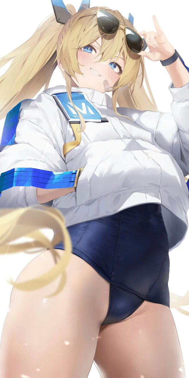 1girl adjusting_eyewear bandaid bandaid_on_face blonde_hair blue_eyes blue_one_piece_swimsuit blush cowboy_shot eyewear_on_head from_below goddess_of_victory__nikke hair_between_eyes hand_in_pocket headgear jacket laplace__nikke long_hair long_sleeves looking_at_viewer nine__kanine41 old_school_swimsuit one_piece_swimsuit school_swimsuit simple_background smile solo standing sunglasses swimsuit thighs twintails very_long_hair white_background white_jacket