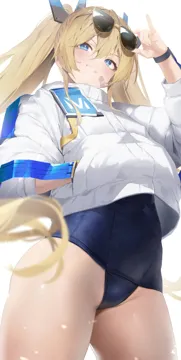 1girl adjusting_eyewear bandaid bandaid_on_face blonde_hair blue_eyes blue_one_piece_swimsuit blush cowboy_shot eyewear_on_head from_below goddess_of_victory__nikke hair_between_eyes hand_in_pocket headgear jacket laplace__nikke long_hair long_sleeves looking_at_viewer nine__kanine41 old_school_swimsuit one_piece_swimsuit school_swimsuit simple_background smile solo standing sunglasses swimsuit thighs twintails very_long_hair white_background white_jacket