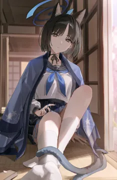 1girl animal_ears architecture black_eyes black_hair black_ribbon black_sailor_collar blue_halo blue_neckerchief blue_skirt bright_pupils cat_ears cat_tail east_asian_architecture halo indoors multiple_tails neck_ribbon neckerchief parted_bangs ribbon sailor_collar school_uniform serafuku shirt short_hair shouji sitting skirt sliding_doors socks solo tail tatami two_tails white_pupils white_shirt white_socks flatshi blue_archive kikyou__blue_archive